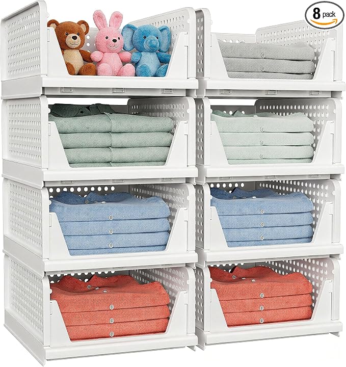 8 Pack Stackable Closet Storage Basket - Stackable Storage Bins | Multifunctional & Foldable Closet Organizer Waterproof, Wardrobe Cupboard Space-Saving Storage Drawer Organizer by shoeboxesanddeskorganizers