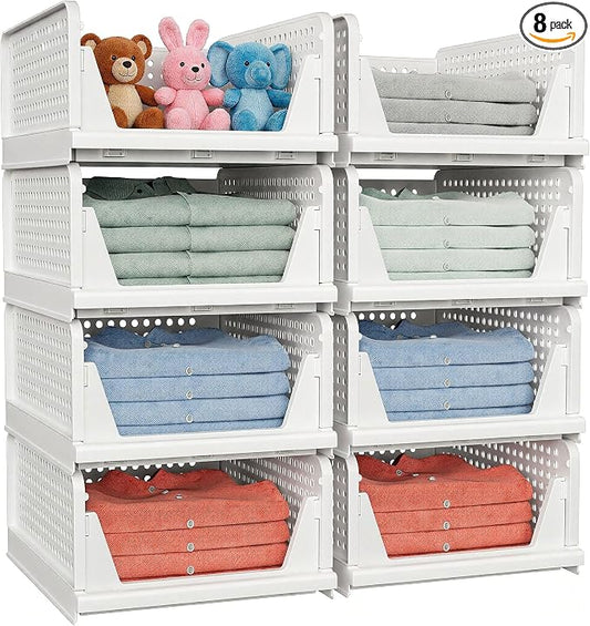 8 Pack Stackable Closet Storage Basket - Stackable Storage Bins | Multifunctional & Foldable Closet Organizer Waterproof, Wardrobe Cupboard Space-Saving Storage Drawer Organizer by shoeboxesanddeskorganizers