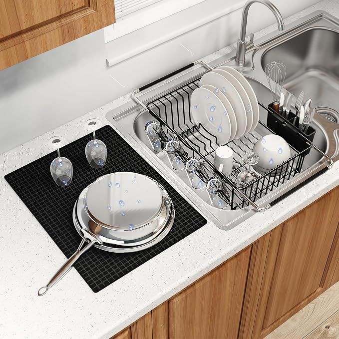 Dish Drying Rack Over The Sink with Utensil Holder, Mat | Expandable Stainless Steel Dish Drainer for Small Kitchen, Apartment, RV, Counter Space Saving, Perfect Fit, Rustproof by MAJALiS