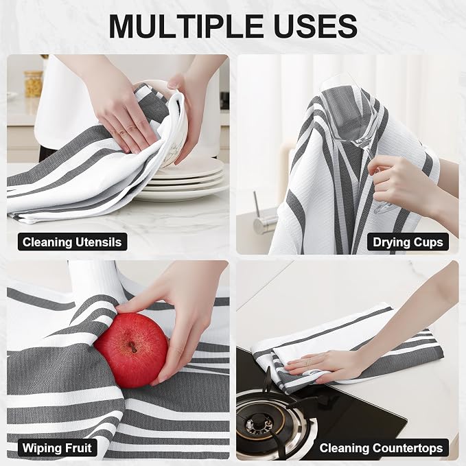 Homaxy Premium Cotton Stripe Kitchen Towels 12 Pack, 18"x 28", Black | Large 380 GSM Kitchen Hand Towels, Soft Terry Dish Towels, Highly Absorbent Tea Towel Set with Hanging Loop - Image 4
