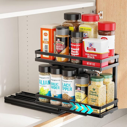 2 Tier Pull Out Spice Rack - for Inside Cabinet with Front Lips | Peel-and-Stick No Drilling Setup, Smooth Slide Access for 1-8 Oz Spice Jars, Cabinet Storage, Daily Cooking Use, Daily by iSPECLE