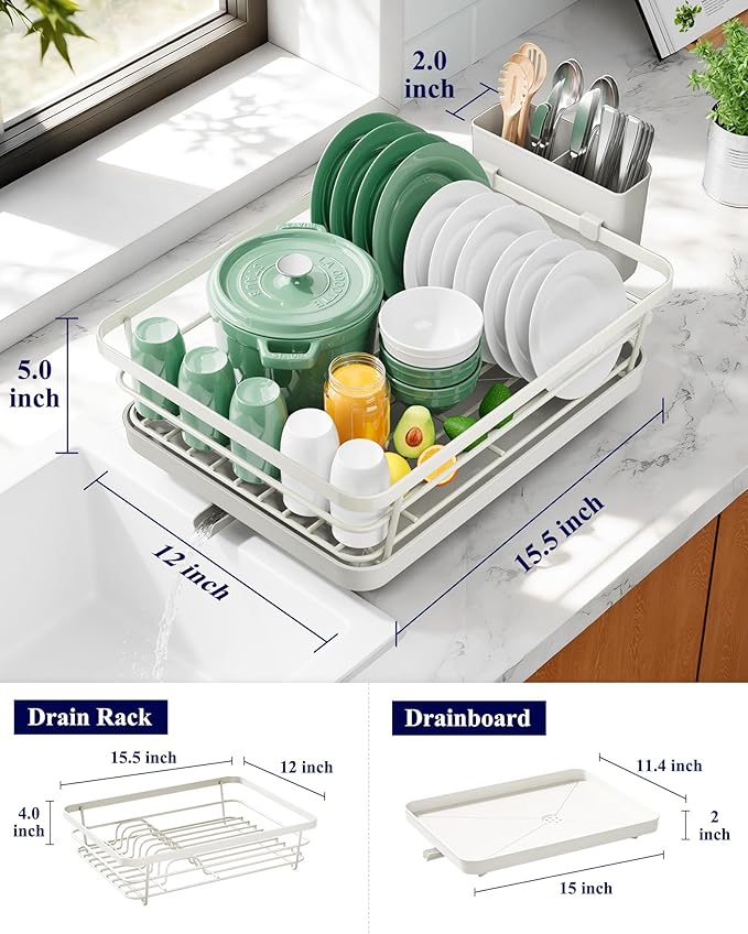 Kitsure Dish Drying Rack for Kitchen Counter, 12''W x 15.5''L, Light Grey | Stainless Steel Sink Organization, Cutlery Holder, Home and Appartment Decor - Image 2