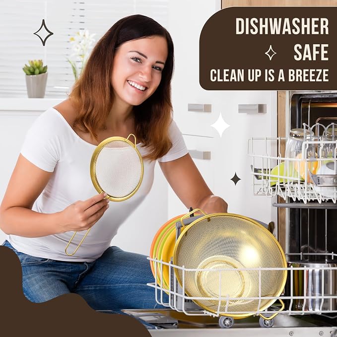 Norme 7 Quart Stainless Steel Gold Colander and 3 Pcs Gold Fine Mesh Strainer, Stainless Steel Pasta Rice Food Metal Strainer with Handles, Easy Clean and Dishwasher Safe - Image 7