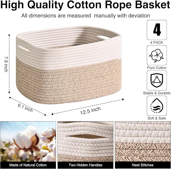 ICERZCZ Storage Baskets for Shelves, Woven Storage Basket, Bins for Cube Storage, Cotton Rope Basket with Handles for Toy, Book, and Clothes Living Room, (4 Packs) Off White & Brown - Image 3