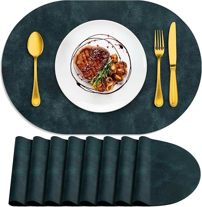 ADRIMER Placemats, Heat Resistant Oval Placemats Set of 8 Washable 12 x 17 Inch, Waterproof Table Mats, Wipeable Pu Place Mats for Kitchen, Dining Room, Dark Blue by Adrimersdreamistobeanindispensablecompanioninyourlife