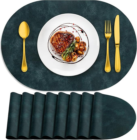 ADRIMER Placemats, Heat Resistant Oval Placemats Set of 8 Washable 12 x 17 Inch, Waterproof Table Mats, Wipeable Pu Place Mats for Kitchen, Dining Room, Dark Blue by Adrimersdreamistobeanindispensablecompanioninyourlife