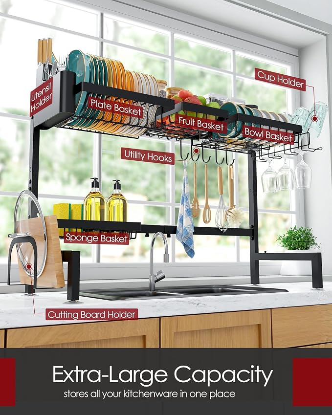 Sakugi Over The Sink Dish Drying Rack - Adjustable 2 Tier X-Large Capacity Stainless Steel Drainer with Cutlery & Utensil Holders, Kitchen Storage & Organization, 31.5"-39.5"L x 12"W x 24.5"H, Black - Image 2