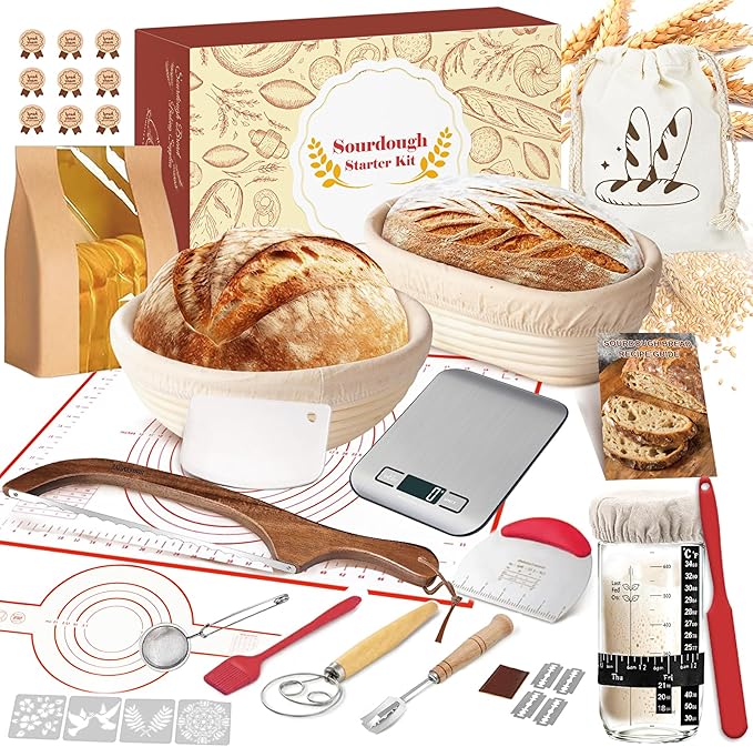 Sourdough Starter Kit with Scale, Banneton Bread Proofing Baskets Set | Complete Sourdough Bread Baking Supplies with Starter Jar, Full Sourdough Bread Making Tool, Gift Set for Bakers Beginner by LAWFIMORI