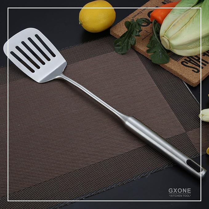 Slotted Turner & Spatula for Cast Iron Skillet Grilling Cooking | 304 Stainless Steel Kitchen Utensil,Metal Spatula,Hollow Handle,Flipping Food,14.9 Inch - Image 5