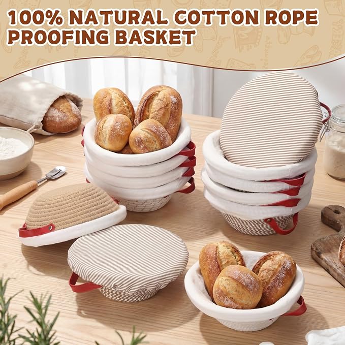 Gisafai 12 Set Banneton Bread Proofing Baskets Bulk 9 Inch Round Cotton Rope Artisan Sourdough Bread Banneton Dough Proofing Bowls with Cloth Liners and Covers for Homemade Baking Bakery - Image 8