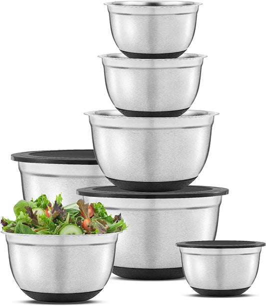 JoyJolt Stainless Steel Mixing Bowls with Airtight Lids, 7 Piece Nesting Bowls Set for Kitchen with Measurement Marks, Non-Slip Bottoms, Cooking, Baking, Prepping, Storage, 7/5/4/3/1.5/1/.75QT, Black by JoyJolt