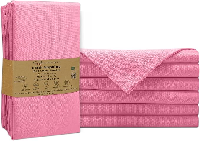 Ruvanti Cloth Napkins Set of 6, 100% Cotton High GSM 18x18 Inches Soft, Washable, Highly Durable & Absorbent, Perfect for Parties, Christmas, Thanksgiving Dinners – Pink Bubblegum by Ruvanti