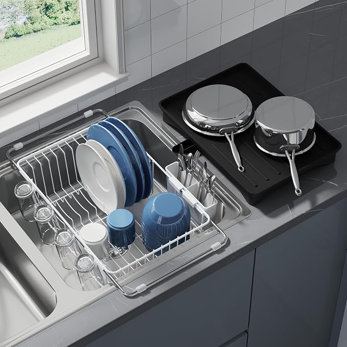 JASIWAY White Dish Drying Rack in Sink with Drainboard and Utensil Holder | Use Over the Sink or Counter, Stainless Steel Expandable Dish Drainer for Small Kitchen, Space Saving, Fast Drain, Rustproof by JASIWAY