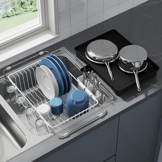 JASIWAY White Dish Drying Rack in Sink with Drainboard and Utensil Holder | Use Over the Sink or Counter, Stainless Steel Expandable Dish Drainer for Small Kitchen, Space Saving, Fast Drain, Rustproof by JASIWAY
