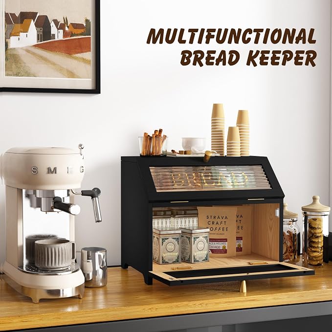 HOLTICO Double Layer Bread Box with Golden Trim for Kitchen Countertop | Wooden Bread Container for Kitchen Counter, Large Capacity Bread Keeper, Farmhouse Food Organizer with Glass Window - Image 6