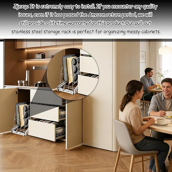 Pull Out Baking Pan Organizer for Cabinet, Cookie Sheet, Cutting Board, Tray Organizer for Cabinet, Adjustable, 22.5"D x11"H x 9"W, Pull/Slide Out Organizer-Heavy Duty, Chrome steel, 50-Year Warranty - Image 7