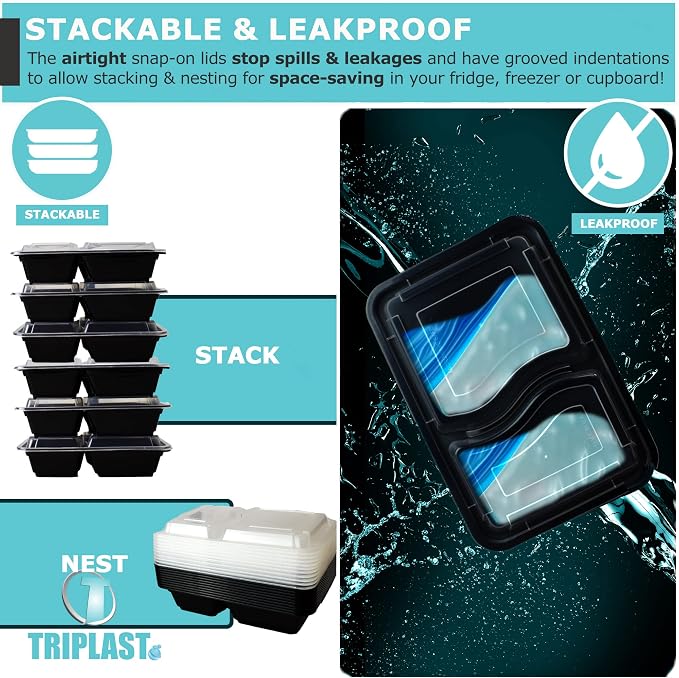 Triplast 5 x Meal Prep Containers (2 Compartment, 32oz) - Microwave, Freezer & Dishwasher Safe – BPA Free, Reusable, Leakproof & Stackable Food Storage Bento Lunch Boxes for Home, Office & School Use - Image 4