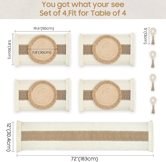 Placemats Set of 4 w/Charger Plates Table Mats Table Runner & Napkin Rings | All in One Placemats,Boho Farmhouse Style Heat-Resistant Non-Slip Protective Round Woven Placemats for Dining Table Décor - Image 4