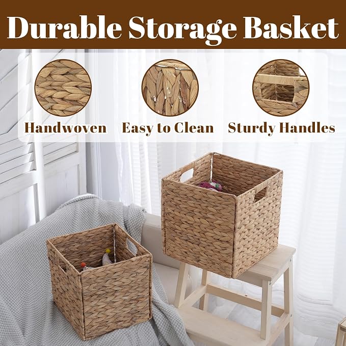 Wicker Storage Baskets, Foldable Cube Bins, 11.2 Inch, 4-Pack | 4-pack foldable 11.2" water hyacinth wicker cube baskets; collapsible storage bins for shelves, closets, offices and home. - Image 4