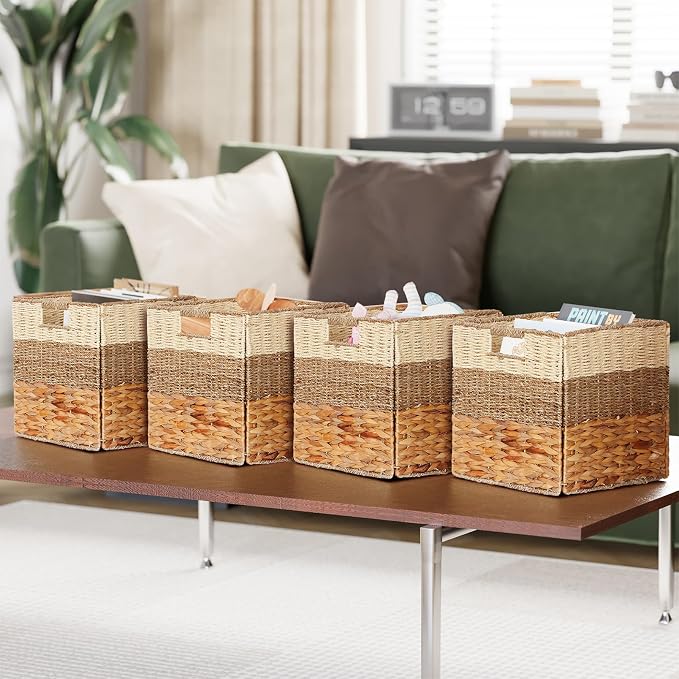 SpaceAid 4 Pack 3 Pattern Design Wicker Basket, Baskets for Organizing, Storage Rattan Basket with Handles for Shelves, Woven Cube Storage Bin Organizer, 12x12x12 inch, Natural - Image 5