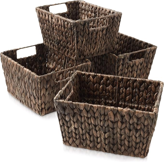 Casafield Set of 4 Water Hyacinth Storage Baskets with Handles - Espresso Brown, Woven Storage Bins for Shelves, Blankets, Laundry Organization - Image 7