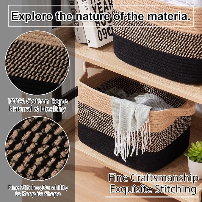 OIAHOMY Woven Storage Basket, Cotton Rope Baskets for Toys,Towel, Clothes, Used to Bathroom,Living Room,Nursery,Bedroom, 16"x12"x10"- Pack of 3, Black & Brown - Image 5