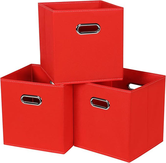 Black Fabric Cubby Storage Bins,13x13x13 Inches,Cube Organizer Bin Foldable Storage Boxes with Dual Handles Fabric Organizer Box and collapsible Storage basket,Set of 3,Red by Yunkeeper