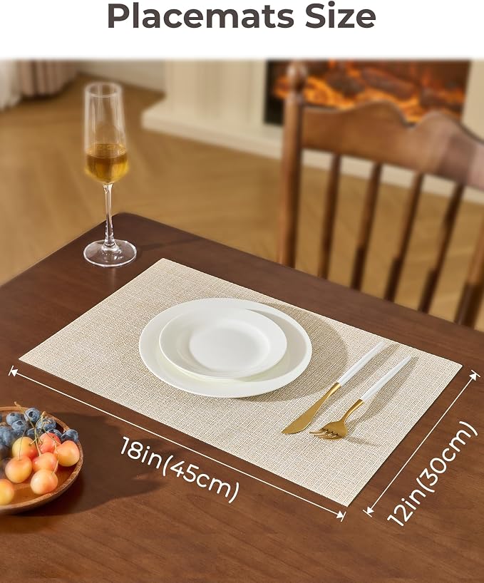 Leetaltree Beige Placemats Set of 6 - Heat-Resistant, Non-Slip Table Mats, Washable Woven Vinyl for Indoor & Outdoor Dining - Image 4