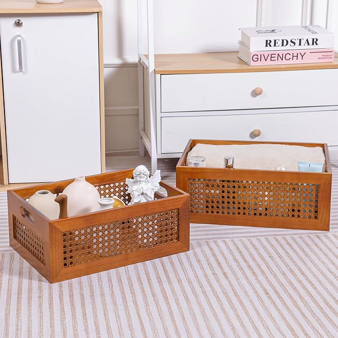 Rattan Wooden Box Set of 2 Handmade Decorative Storage Basket with Handles | Natural Bamboo Woven Storage Basket Rustic Farmhouse Decor Home Office Tabletop Shelf Drawer Closet Desk Organizer, Brown - Image 6