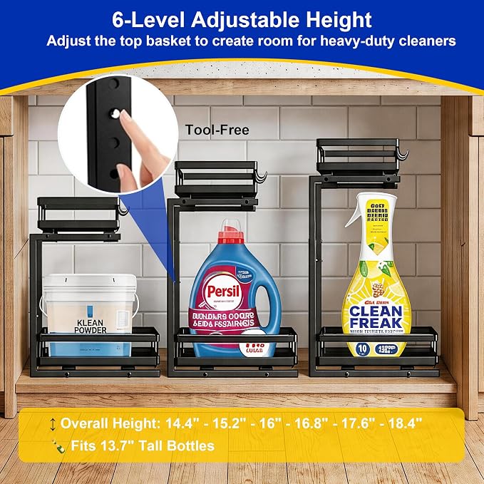 2-Tier Metal Pull-Out Under Sink Organizer, Black, 1 Pack | Carbon steel, ball-bearing pull-out, 6-level adjustable, no-drill setup, for under-sink pipes and bottles - Image 3