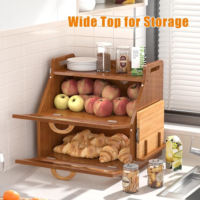 Bread Box for Kitchen Countertop, Large Bread Storage Container for Homemade Bread, Vintage Wooden Farmhouse Breadbox Organizers, Double Layer Bread Bin with Acrylic Window Bread Holder - Image 4