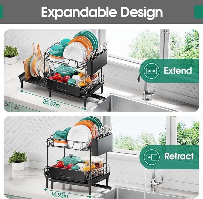 Urackify Dish Drying Rack for Kitchen Counter, Expandable 2 Tier Dish Rack, Large Capacity Dish Drainer with Drainboard Multifunctional Dish Strainer with Removable Cutlery Holder Black | 2 Tier. Expands from 16.9 to 26.6 inches to fit more dishes, wit... - Image 2