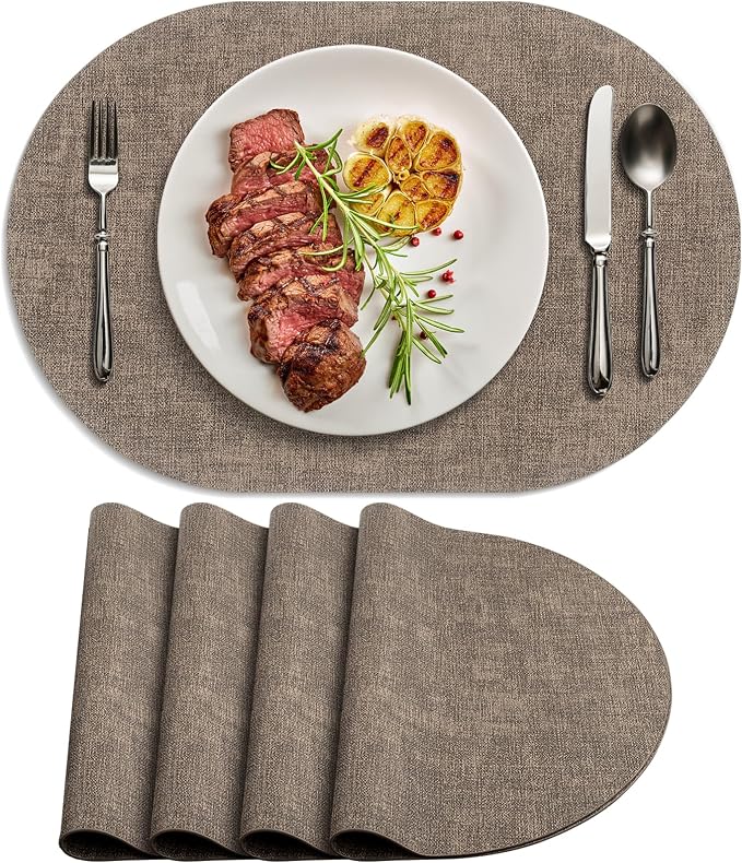 Placemats Set of 4 - Washable Heat Resistant Table Placemats - Wipeable Faux Leather Oval Place Mats, Waterproof Table Mats for Dining Table, Dark Brown by Delicateandelegantplacemats