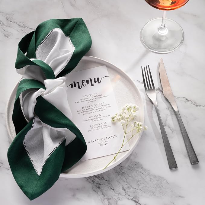 Linen Napkins 20 x 20 inch - 100% Flax Linen White and Green Dinner Napkins Set of 4 - Hemstitch Cloth Napkins Washable for St Patrict Day, Easter, Winter and Spring Decor - Image 2