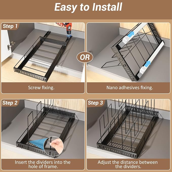 Housolution Pull Out Baking Tray and Cookie Sheet Cutting Board Organizer | 21.5" Deep & 12" Wide, 4 Adjustable Dividers, Sliding Rail Design, Sturdy Metal Structure, Adhesive/Screw Fixing - Image 4