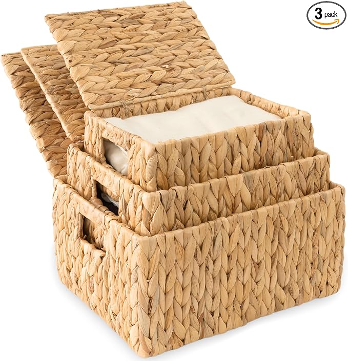 Wicker Storage Baskets with Lid, Set 3 Basket With Lid Decorative Storage Rectangle Wicker Storage Basket Large Rattan Storage Box Hyacinth Baskets by KOLWOVEN