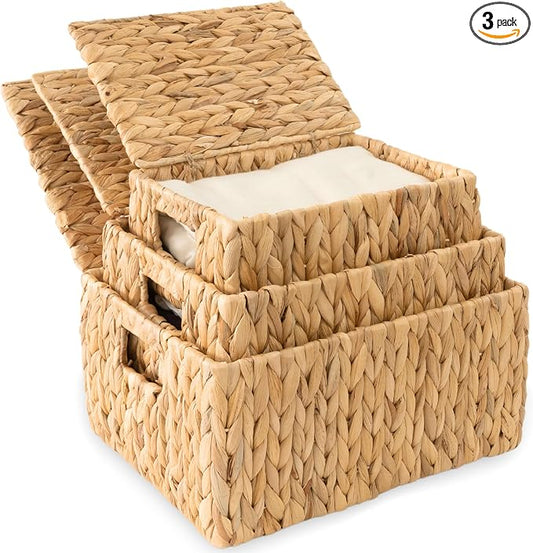Wicker Storage Baskets with Lid, Set 3 Basket With Lid Decorative Storage Rectangle Wicker Storage Basket Large Rattan Storage Box Hyacinth Baskets by KOLWOVEN