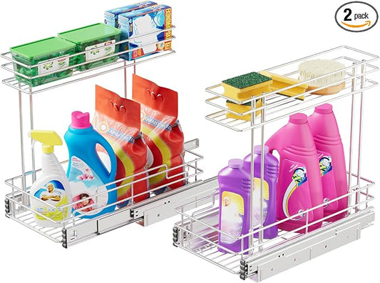 2 Pack Under Sink Organizer 9"W X17"D, Pull Out Cabinet Organizer 2 Tier, | Under Sink Slide Out Chrome Plated, Under Kitchen Bathroom Sink Organizer, Pantry Cabinet Closet Organization Rack by STORKING