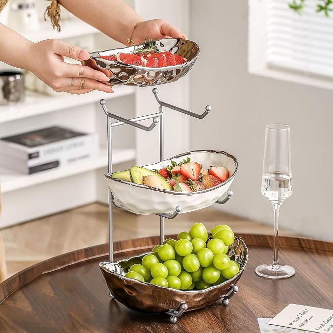 3-Tier Fruit Bowls for Kitchen Counter,Ceramic Bowl with Silver Metal Stand,3 Tier Fruit Basket for Fruit,Snack,Cake,Nuts,Dessert Storage - Image 5