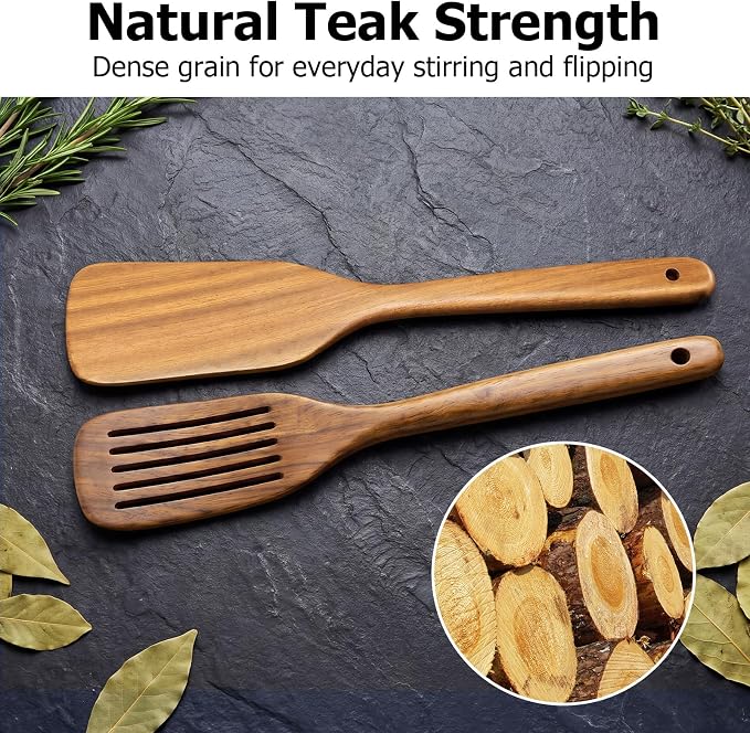 Wooden Spoons for Cooking, 2-Piece Teak Wood Kitchen Utensil Set, Nonstick Safe Wooden Spatulas, Smooth Heat-Friendly Cooking Utensils for Everyday Meals (A02) - Image 2