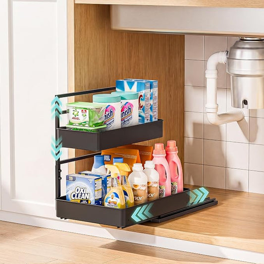 EVERIE Metal Pull Out Slide Shelf Organizer for Under Sink Organization in Kitchen, Bathroom, Counter, Cabinets, Minimum Available Space 13" Wide x 16.5" Deep (Black, 1 Set) by EVERIE