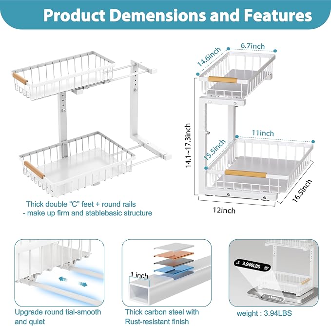 Liuoud Under Sink Organizer 2 Pack, 2 Tier Slide Out Large Capacity Height Adjustable Under Sink Organizers and Storage for Kitchen Bathroom Cabinet, White - Image 5