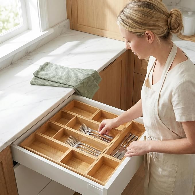 Bamboo Drawer Organizer,Fits Kitchens,Bathrooms,Desk,Utensil,Makeup,Removable Dividers (Natural, M) - Image 9