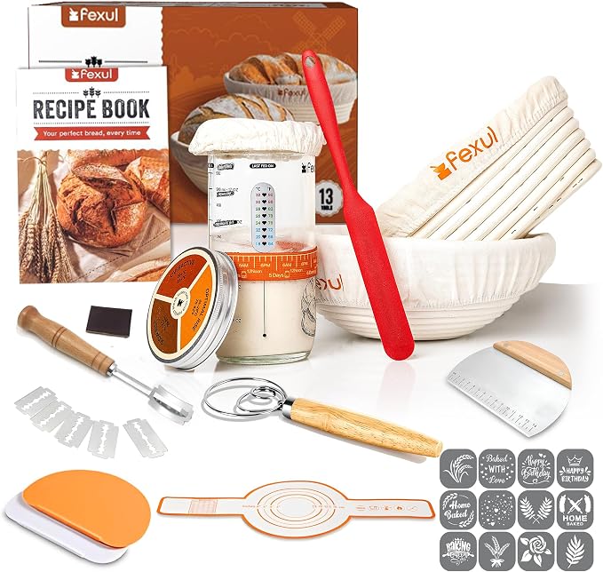 Sourdough Starter Kit with 9” Round & 10” Oval Banneton Bread Proofing Baskets, 24oz Starter Jar, Recipe Book & Tools – Complete Sourdough Bread Baking Supplies with Whisk, Scraper & Accessories by FEXUL