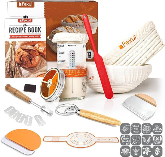 Sourdough Starter Kit with 9” Round & 10” Oval Banneton Bread Proofing Baskets, 24oz Starter Jar, Recipe Book & Tools – Complete Sourdough Bread Baking Supplies with Whisk, Scraper & Accessories by FEXUL