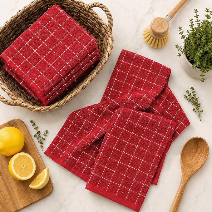 Kitinjoy 100% Cotton Terry Kitchen Towels, 13”x 28”, 6-Pack, Red | Checkered Designed, Ultra Soft Absorbent Quick Drying Dish Towels - Image 9