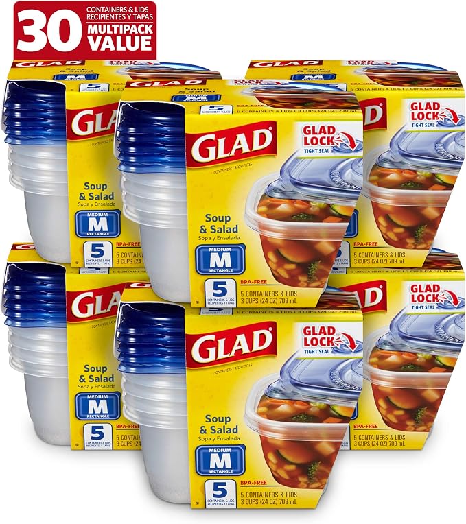 Glad GladWare Medium Rectangle Food Storage Containers, 24 Oz, 5 Ct, 6-Pk | Airtight, leak-resistant containers for soups, salads, and meal prep; microwave, dishwasher, and freezer safe by GladTrashFoodStorage