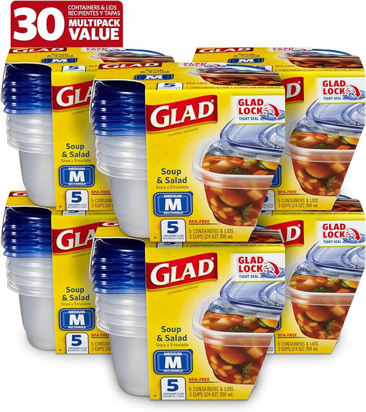 Glad GladWare Medium Rectangle Food Storage Containers, 24 Oz, 5 Ct, 6-Pk | Airtight, leak-resistant containers for soups, salads, and meal prep; microwave, dishwasher, and freezer safe by GladTrashFoodStorage