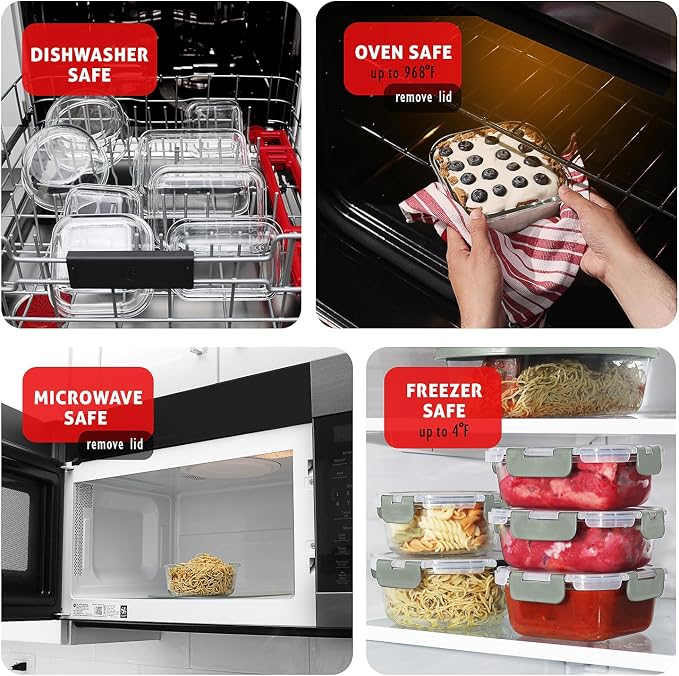 EATEX 24pc Glass Storage Containers with Lids, 12 Glass Food Storage Containers with 12 Airtight Lids for Pantry & Kitchen, Meal Prep Containers for Lunch, Oven Freezer Microwave & Dishwasher Safe - Image 4