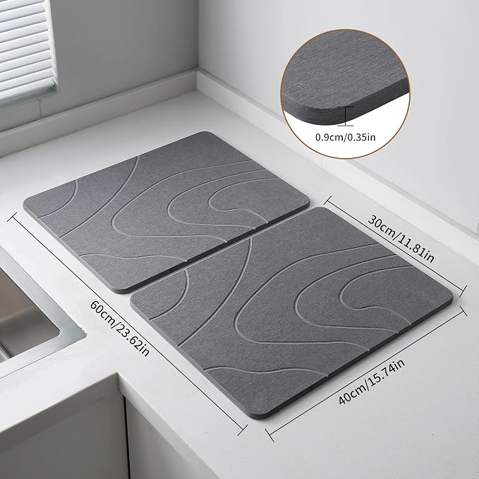 2 Pack Stone Drying Mat for Kitchen Counter, (Gray, 16''x12'') | Quick Dish Drying Stone Mat Kitchen,Stone Dish Drying Mat,Quick-Dry Absorbent Bath & Countertop Stone Dishes Mats - Image 3